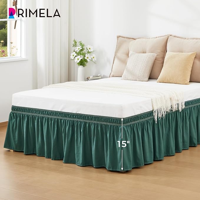 RIMELA Emerald Green Bed Skirt King Size 15 Inch Drop, Wrap Around Elastic Bedskirt, Dust Ruffle for Adjustable Bed Base Machine Washable Easy to Install Bed Skirts,Christmas Bedroom Decor