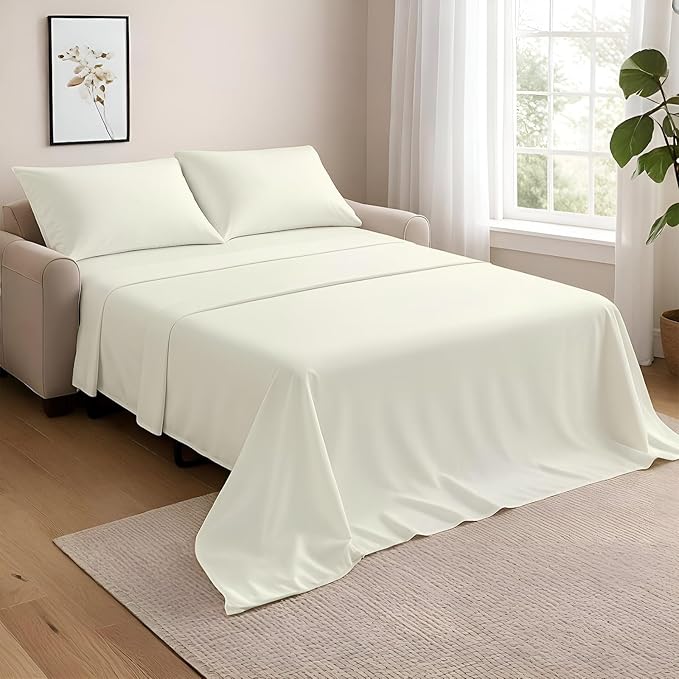 NON Sticky cotton Queen Size Sleeper Sofa Sheets, 4 Piece Egyptian Cotton Bed Sheet Set for Sofa Bed, 6" Deep Pocket Fitted Sheet for Pull Out Couch Mattress, 60" x 75", Ivory Solid, Soft & Breathable