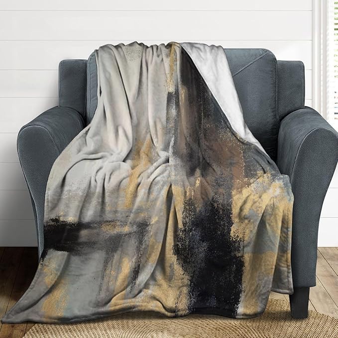 Fashion Gradient Blanket, Modern Abstract Baroque Glod Grey Painting Strokes Pattern Soft Warm Cozy Plush Flannel Covers for Livingroom Bedroom Couch Chair Camping Travel Home Decor Tapestry 50x60in