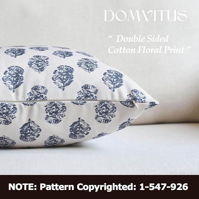 DOMVITUS Set of 2 Floral Pillow Covers 18x18, Block Print Pillow Covers Vintage Neutral Decorative Farmhouse Throw Pillow Covers for Couch Bed Living Room Dusty Blue