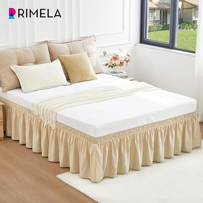 RIMELA Oatmeal Bed Skirt King Size 15 Inch Drop, Elastic Bed Skirting for Bed Base and Frame, Bedding Dust Ruffle Easy to Install, Lightweight Wrap Around Adjustable Bedskirt