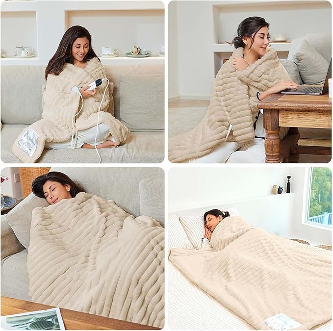 Electric Blanket, Soft Stripe Heated Blanket with 6 Heating Levels & 10 Hours Auto Shut Off with Fast Heating, Machine Washable, Khaki, 90 x 100 Inch