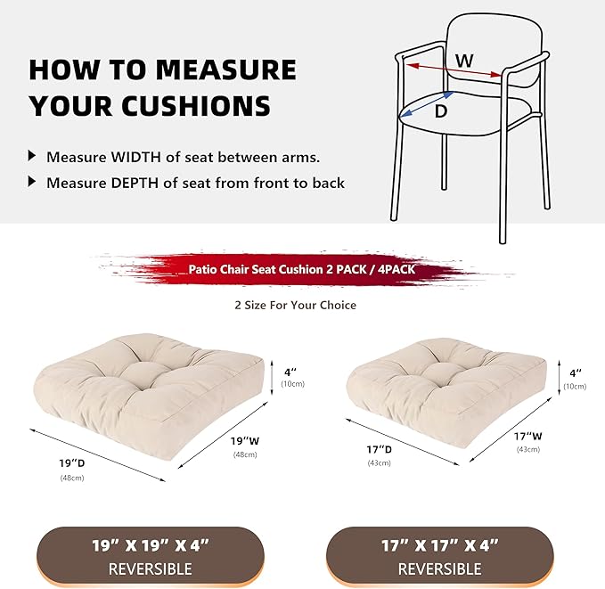 RACE LEAF 4 Pack 17x17 Inch Patio Chair Cushions, Memory Foam Seat Cushions Waterproof with Tufted Design & Non-Slip Backing (Khaki)