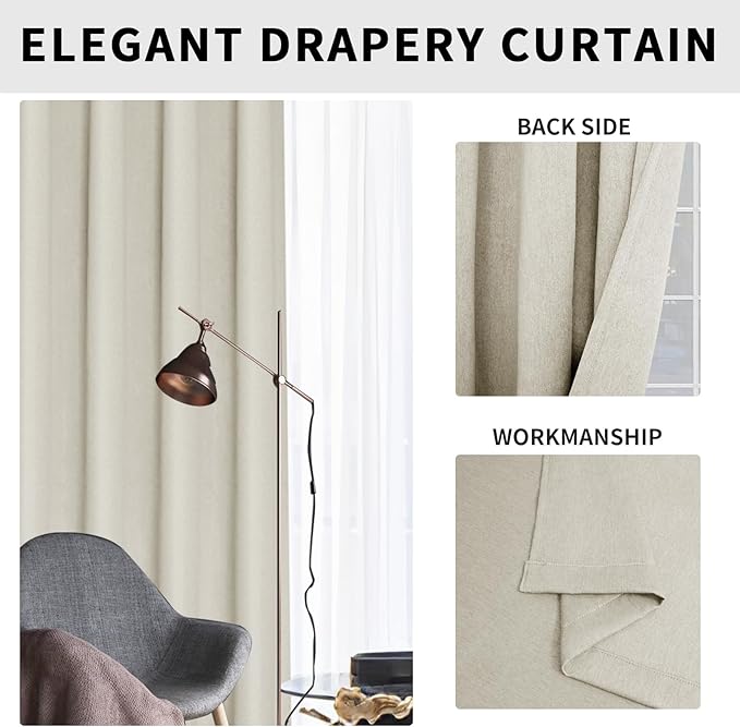 Easy-Going Linen Look Blackout Curtain 63 Inch Length Grommet Window Curtain Drapes for Bedroom, Living Room Thermal Insulated Room Darkening (Set of 2 Panels, Natural)