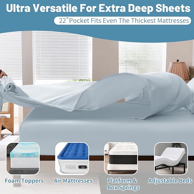Extra Deep Pocket King Sheets 18-24 Inch 100% Egyptian Cotton 1000 Thread Count Sateen Weave Soft Breathable 4 Pieces（King，Light Blue）