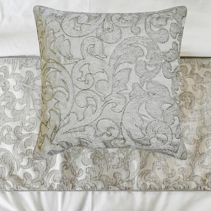 The HomeCentric King/Queen/Twin Silver Luxury Twin 53"x18" Bed Runner Without Pillow Cover, Abstract, Floral, Bead Hand Embroidery Bed Scarf on Jacquard Fabric - Ethereal Silver