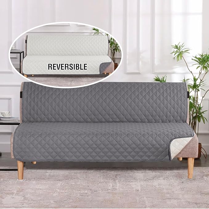 H.VERSAILTEX Reversible Futon Cover Water Repellent Armless Sofa Slipcover Washable Furniture Protector with Adjustable Elastic Strap Anti-Slip Futon Bed Cover for Dogs 70" Width Seat(Grey/Beige)