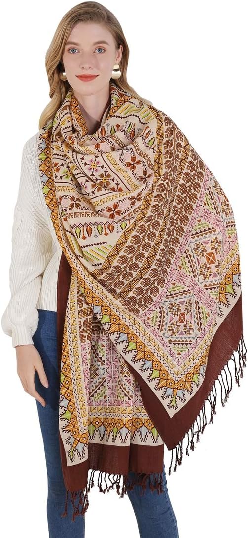 DANA XU 100% Merino Wool Pashmina Shawl for Women 96"x43", Oversized Cashmere Wrap with Tassels, Floral Travel Blanket Cape