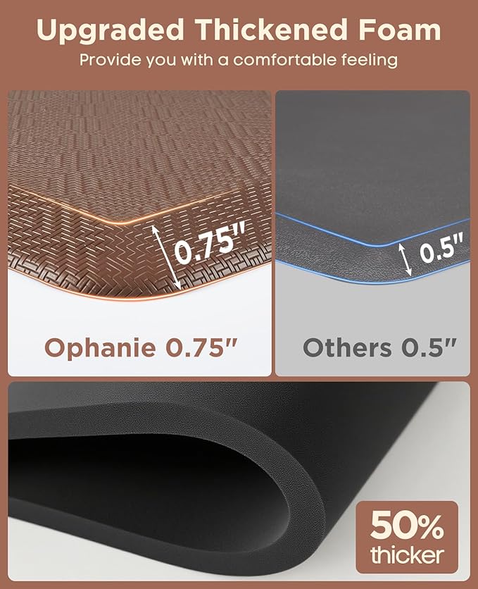 Ophanie Kitchen Mats for Floor, 3/4 Inch Thick Kitchen Rugs, 20'' x 60'' Anti Fatigue Standing Cushioned Mat, Waterproof,Comfort Ergonomic Mat for Office, Home, Sink, Brown Non-Slip Bottom