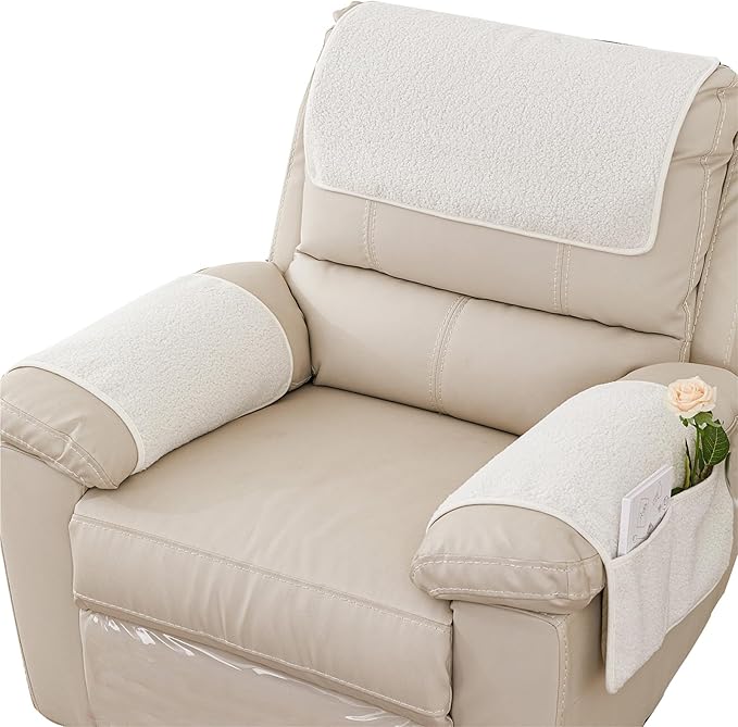 Armrest Cover, Recliner Chair Protector, Furniture Protector Slip, Side Storage Pocket, Stretch Armchair Couch Arm Rest Cover for Recliner, Chair, Sofa (Beige,1 Seater(3pcs))