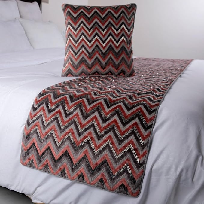The HomeCentric Grey Bed Runner Without Pillow Cover, Twin Size 53"x18" Decorative Bed Runner, Peach & Grey Velvet Bed Scarf in Bead Embroidery - Blushed Chevron