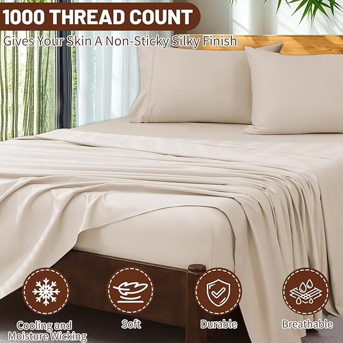 Extra Deep Pocket King Sheets 18-24 Inch 100% Egyptian Cotton 1000 Thread Count Sateen Weave Soft Breathable 4 Pieces（King，Linen）