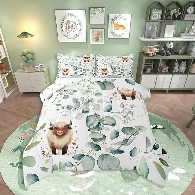 Erosebridal Boys Cartoon Animal Full Comforter Set for Kids Toddler Kawaii Cow Bedding Set Full, Highland Cattle Bull Bedding Comforter Sets Western Cowboy Duvet Set Green Eucalyptus Quilted Comforter