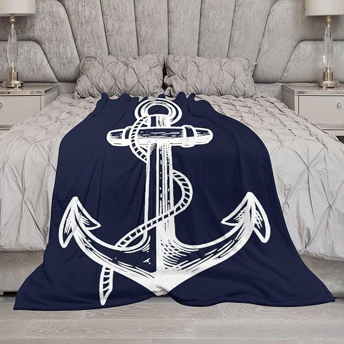 Anchor Blanket Retro Abstract Nautical Navy Blue White Soft Cozy Lightweight Throw Blanket for Kids Girls Boys Women Men Bedroom Living Room Dorm Chair Sofa Travel 50x60in
