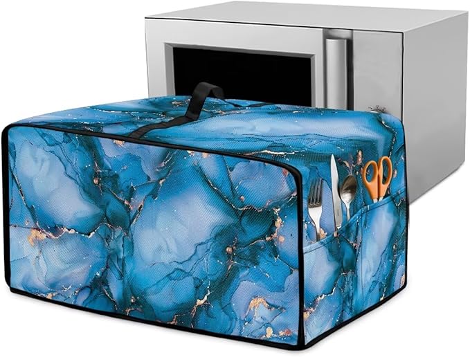Toaster Oven Dust Cover with Storage Pockets, Dust Protection Smart Oven Cover for Kitchen Countertop Home Decor, M, 16.5 x 20.5 x 10 Inches, Blue Gold Marble