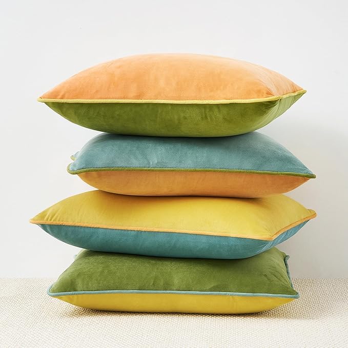 MONDAY MOOSE Decorative Throw Pillow Covers Cushion Cases, Set of 4 Soft Velvet Modern Double-Sided Designs, Mix and Match for Home Decor, Pillow Inserts Not Included (16x16 inch, Yellow/Green)