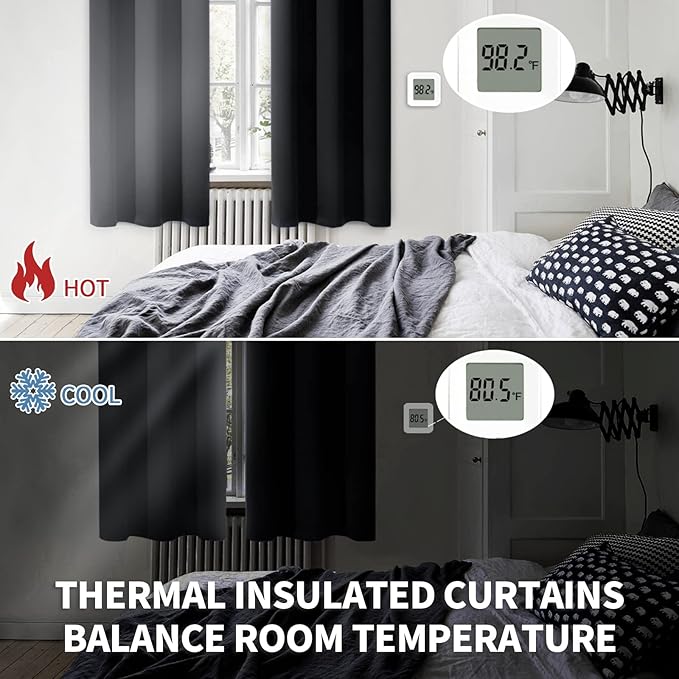 BGment Short Curtains 30 Inches Length for Window - Rod Pocket Room Darkening 42 Inch Width Blackout Drapes for Kitchen Bathroom Basement Cafe, Black, 2 Panels, 42 x 30 Inch
