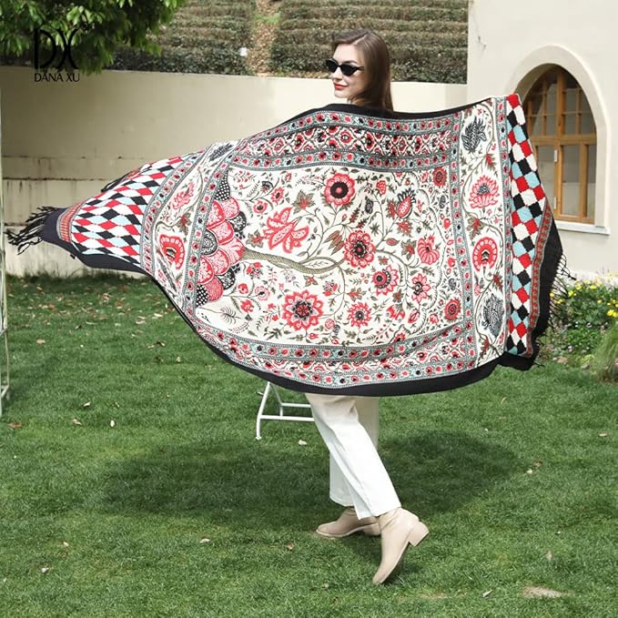 DANA XU 100% Merino Wool Pashmina Shawl for Women 96"x43", Oversized Cashmere Wrap with Tassels, Floral Travel Blanket Cape