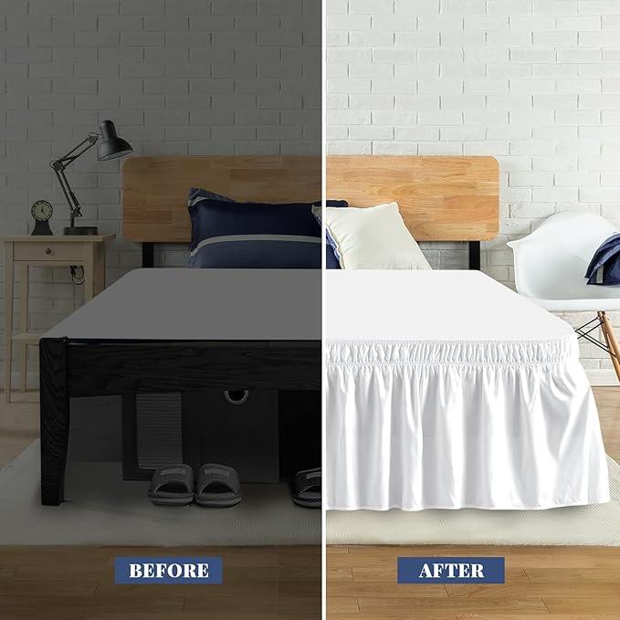 Queen Bed Skirt, Elastic Wrap Around Bed Skirt Queen Size, Bed Skirts for Adjustable Bed, Easy Fit with 18" Drop Length Tailored Drop Dust Ruffle (White)