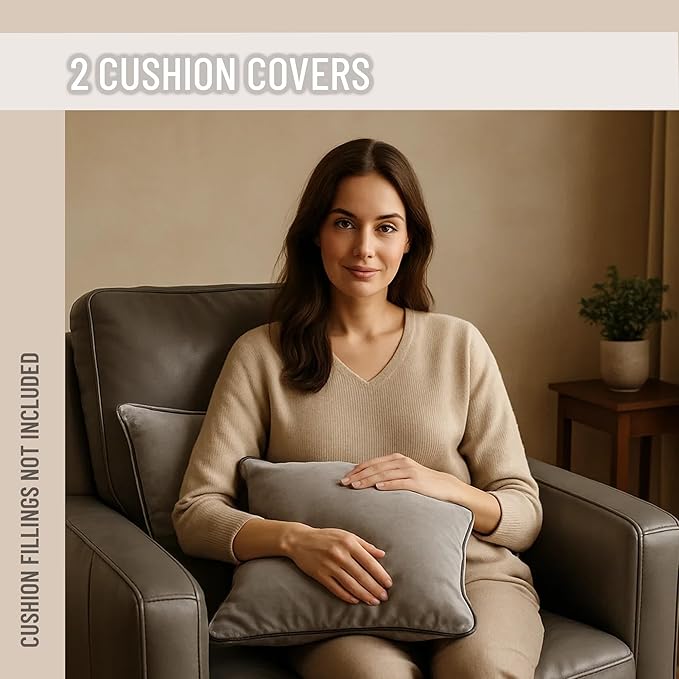 2 Pack Velvet Decorative Throw Pillow Covers, 20"x20", Dove Grey, Solid, Modern, Contrast Piping, Indoor Use, Bedroom & Living Room