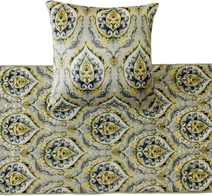 The HomeCentric King/Queen/Twin Grey & Yellow Designer King 90"x18" Bed Runner Without Pillow Cover, Quilted, Damask & Tassels Bed Scarf on Jacquard Fabric - Flamey Damask