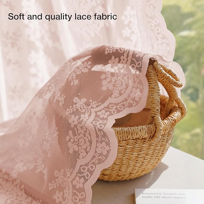 Anmao Vintage Lace Curtains 45 Inches Long 2 Panels Set, Romantic Elegant Light Filtering Semi Sheer Floral Thick Lacy Curtain Drapes for Living Room and Bedroom, Each Panel 55W x 45L, Blush Pink
