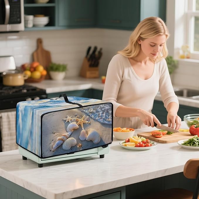 Air Fryer Toaster Oven Cover, Dust-Proof Small Kitchen Appliance Cover with Pockets, Kitchen Baking Accessories, S, 14.5 x 18.5 x 9 Inches, Beach Sea Shell Whelk Print