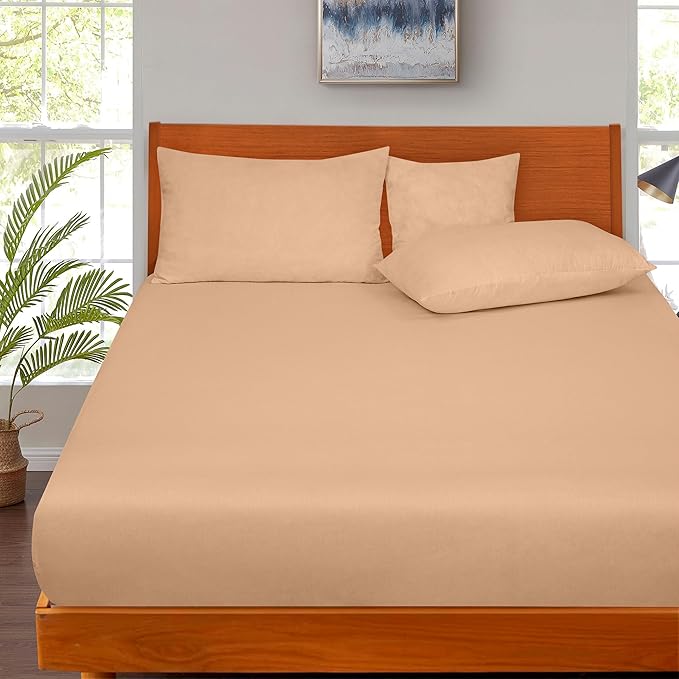 ROYALE LINENS 300 Thread Count 100% Long Staple Combed Cotton Fitted Sheet California King - Super Soft Deep Pocket Bottom Sheet - Fitted Sheets Only - Elastic Sheets (Cal King, Sand)