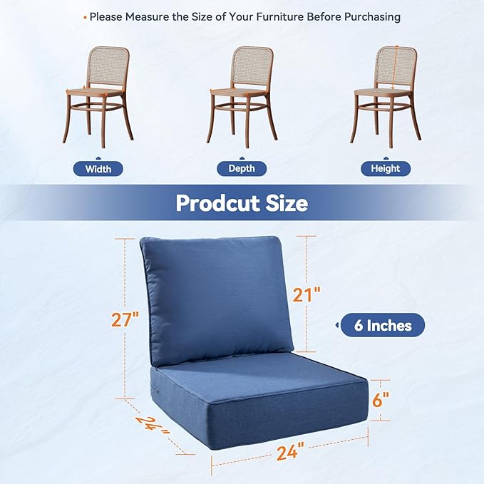 Luxury 6" Outdoor Cushions for Patio Furniture, 24x24x6 Thick Seat Cushion Set, Fade Resistant Couch Chair Replacement Cushions High Density Deep Wicker Chair Cushion with Removable Cover, Blue