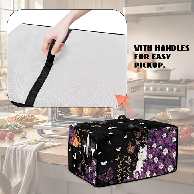 Toaster Oven Cover with Side Pockets, Dustproof Smart Microwave Convection Oven Cover with Handle, for Kitchen Decor, L, 18.5" x 22.5" x 13", White Cat Violet Daisy Butterfly Black