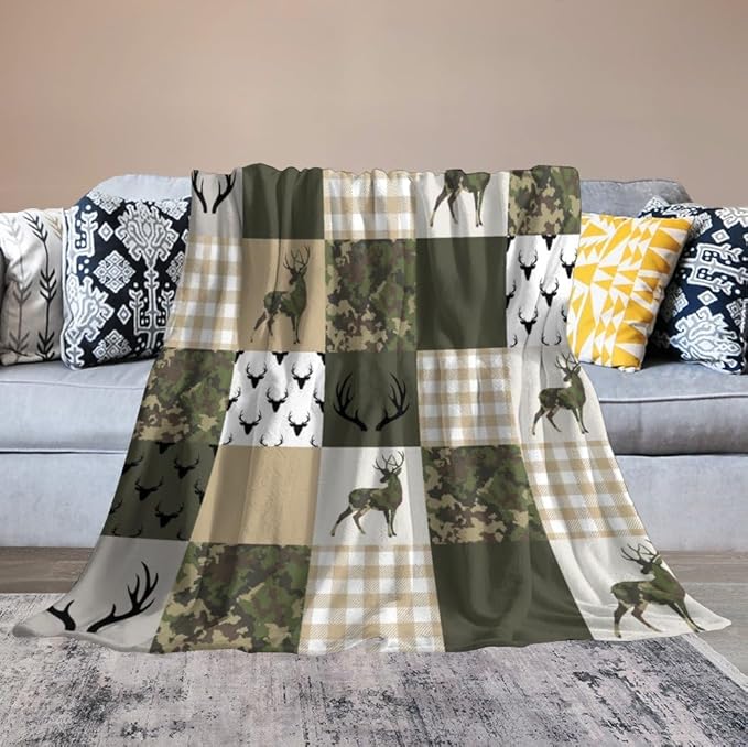 Camouflage Deer Blanket, Vintage Camo Green Beige Plaid Rustic Cabin Wildlife Hunting Blankets for Mens Room Bed Sofa, 60"x80"