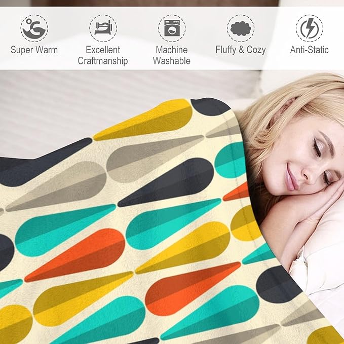Mid Century Throw Blanket, Modern Drop Shape Retro Colors Boho Orange Teal Black Geometric Pattern Throws Blankets for aby Toddler Dog Cat 40"x50"