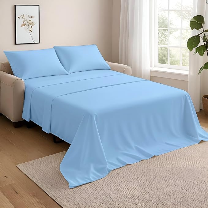 NON Sticky cotton Full Size Sleeper Sofa Sheets, 4 Piece Egyptian Cotton Bed Sheet Set for Sofa Bed, 10" Deep Pocket for Pull Out Couch Mattress, 54" x 75", Light Blue Solid, Soft & Breathable