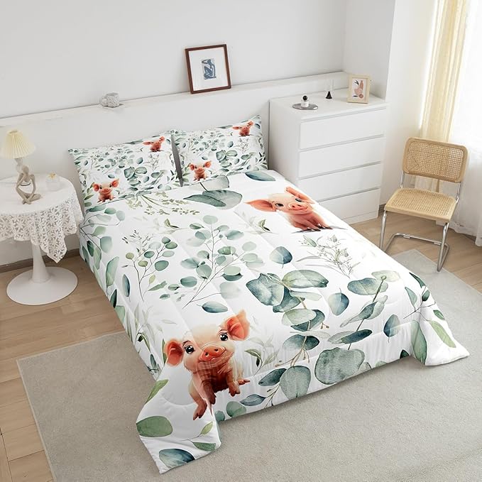 Erosebridal Kawaii Pig Toddler Size Comforter Set for Boys Girls Cartoon Animal Bedding Set, Eucalyptus Leaves Down Comforter Farm Wildlife Bed Set, Tropical Botanical Plants Quilted Duvet