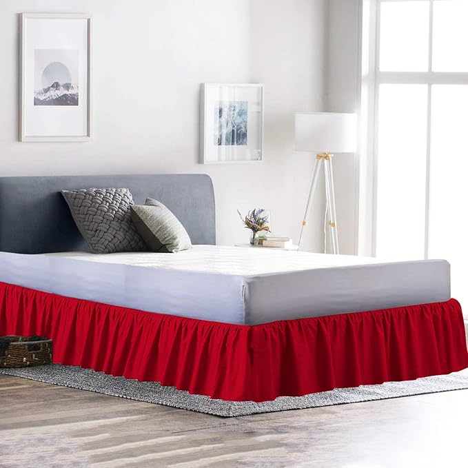 Bed Skirt - Ruffled Bed Skirt (Twin, Red) 12 Inch Drop Dust Ruffle with Platform, 100% Cotton 800 Thread Count Fabric - Dust Ruffle Bedskirt for Easy Fitting and Easy Care