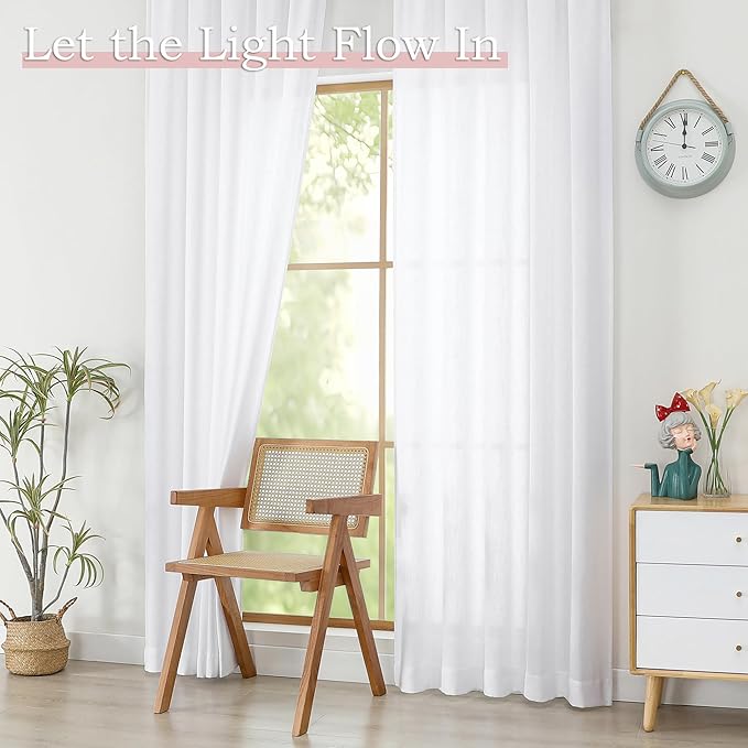 Simplebrand White Semi Sheer Faux Linen Textured Curtains 84 Inches Long 2 Panels, Light Filtering Farmhouse Bedroom Curtains, Farmhouse Rod Pocket Soft Thick Window Drapes for Living Room, 50Wx84L