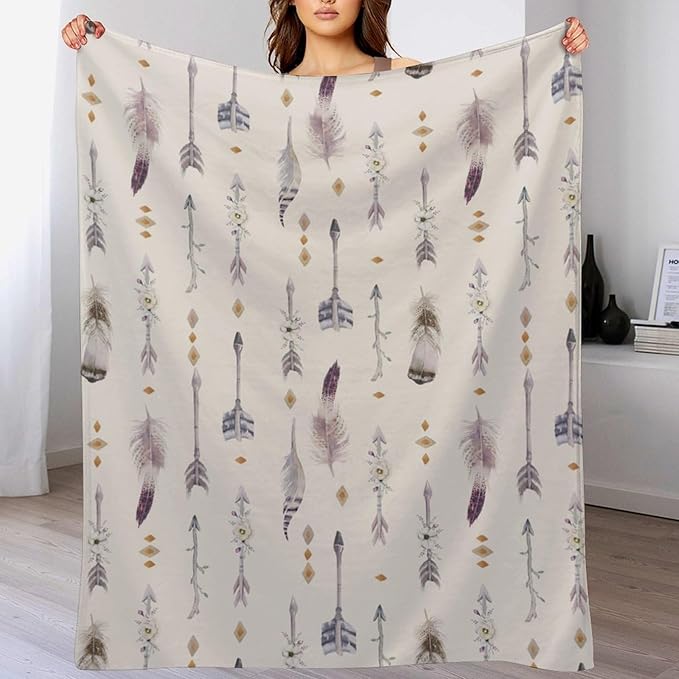 Boho Tribe Blanket, Bohemian Aztec Ethnic Tribe Native Tribal Arrows Feathers Print Pattern Throw Blanket for for Chair Bed Sofa Couch 30"x40"
