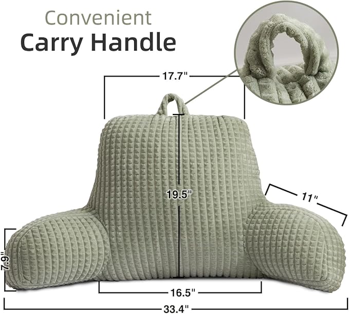 Holawakaka Reading Pillow for Bed and Sofa Couch Sitting Up, Backrest Pillows with Arms for Kids Teens Adults, Back Support Cushion for Lounging, Watching TV, Working on Laptop, Green