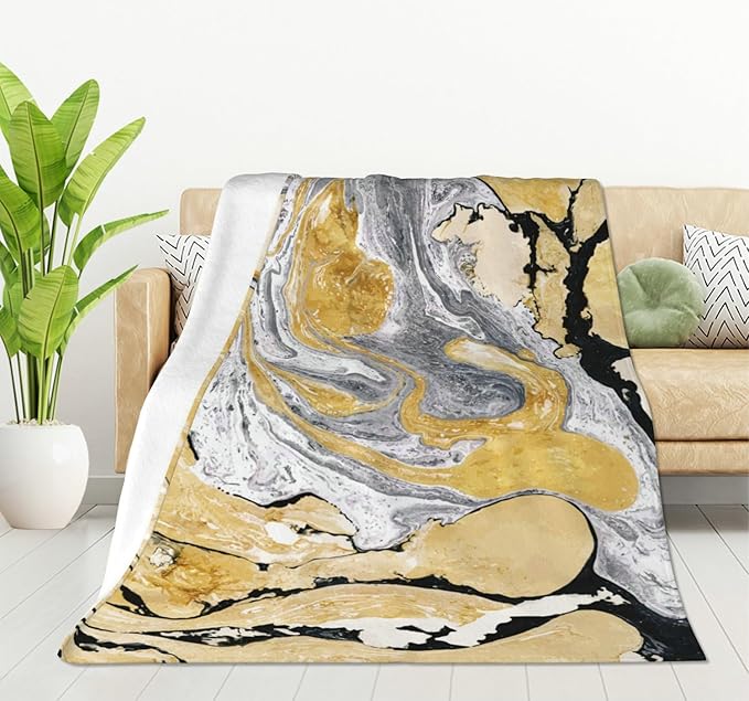 HGOD DESIGNS Gold Golden and Silver Marble Ink Abstract Painting Flannel Fleece Bed Blanket Throw Blanket Lightweight Cozy Plush Blanket for Bedroom Living Rooms Sofa Couch 40"x50"