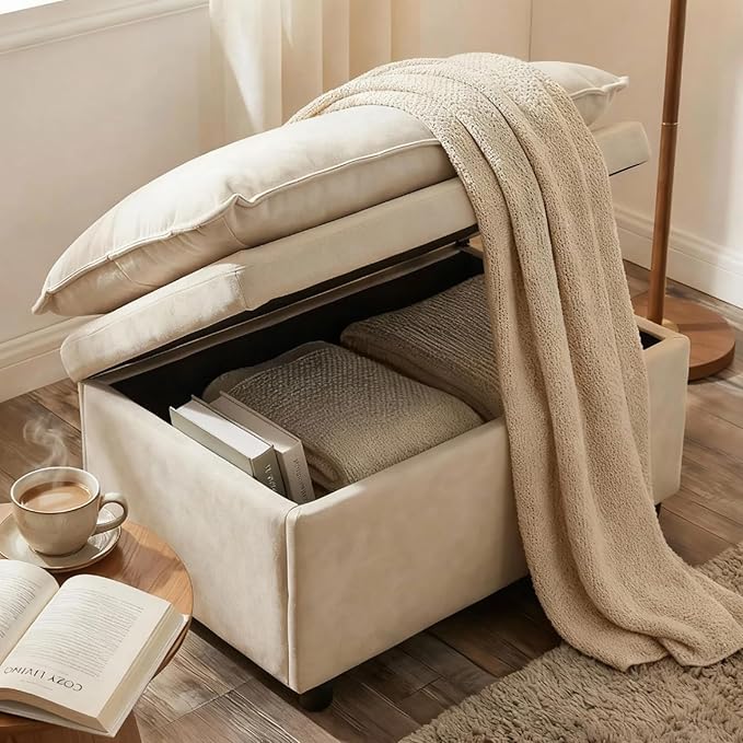 Furnimart Super Plush Cloud Chair with Storage Ottoman, Oversized Chaise Lounge Chair, Thick Chenille Cushions, Pillow Armrest & Storage, for Living Room, Bedroom, Modern Comfort(Beige)