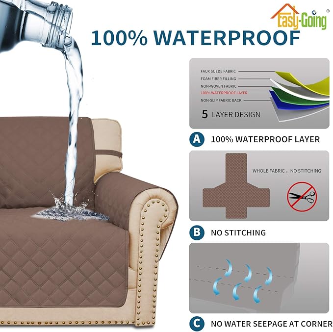 Easy-Going Sofa Slipcover Loveseat Cover Waterproof Couch Cover Washable Sofa Cover for 2 Cushion Couch Non-Slip Fabric Furniture Protector with Pocket for Pets Kids Dog Cat (Loveseat, Brown)