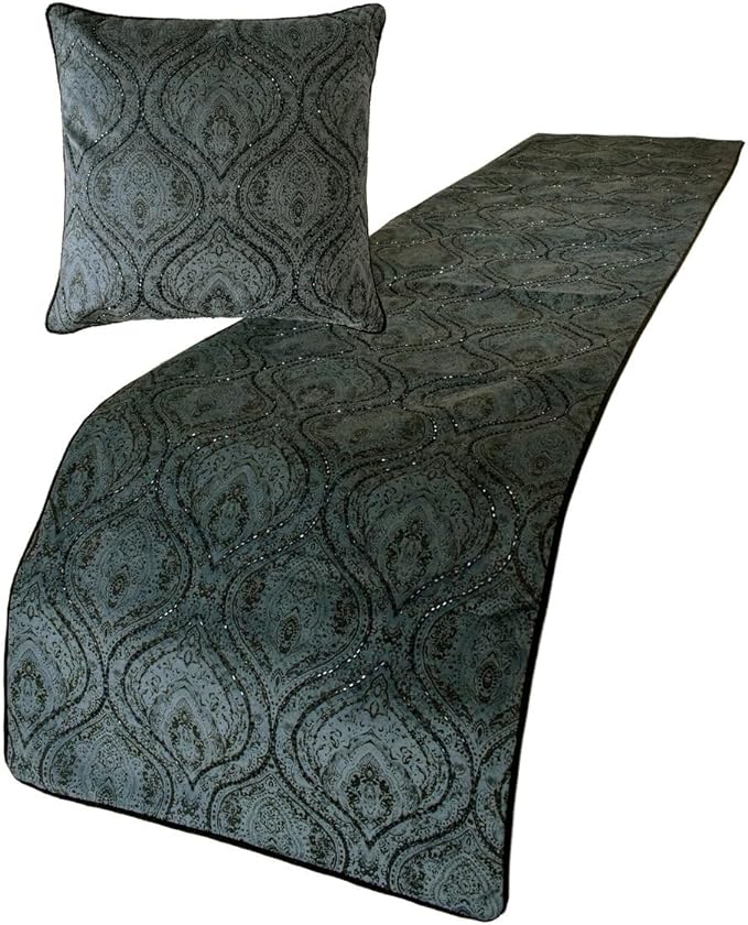 The HomeCentric King/Queen/Twin Gray Decorative Full 68"x18" Bed Runner with Two Pillow Cover, Damask, Victorian & Bead Embroidery Bed Scarf on Suede Fabric - Beatrice