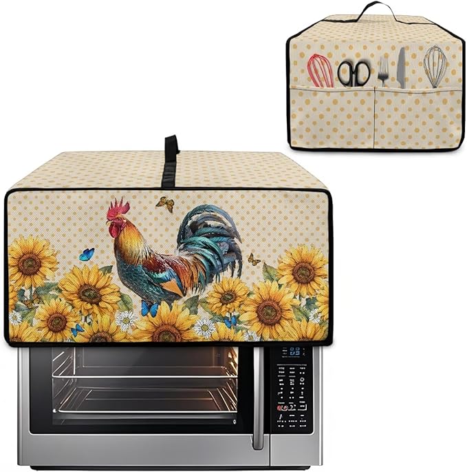 Microwave Oven Dust Cover Waterproof Dustproof Microwave Toaster Oven Cover Fabric Kitchen Machine Covers for Toaster Oven Air Fryer, Rooster Chicken Sunflower Butterfly Polka Dot Print, L