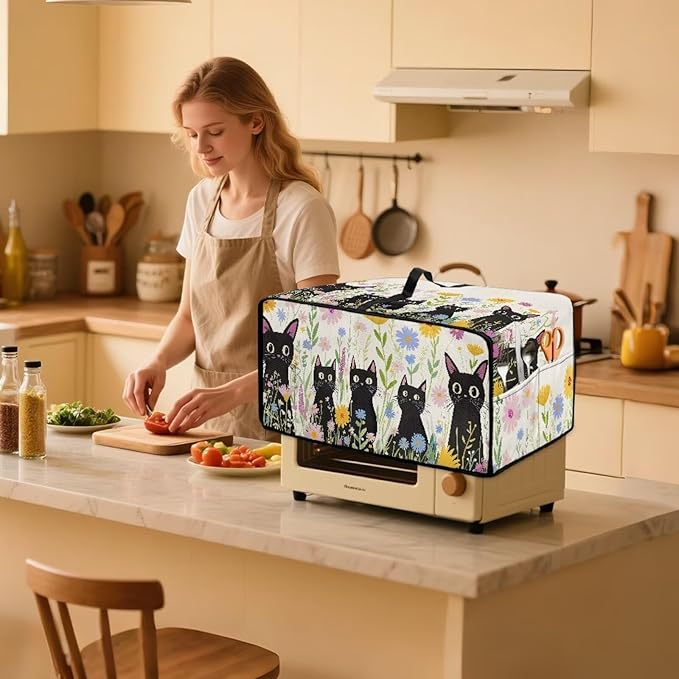 Countertop Microwave Oven Cover with Side Pockets, Dust Protection Small Appliance Toaster Ovens Dust Cover, S, 14.5 x 18.5 x 9 Inches, Cartoon Black Cat Daisy Flower