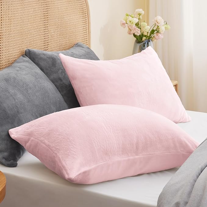 BEDELITE Flannel King Size Pillow Cases Set of 2, Super Soft Fleece Pillowcases with Zipper for Bedroom, Sofa, Couch,Luxury Cozy Fuzzy Velvet Pillow Shams for All Seasons(20x40 Inches,Pink)