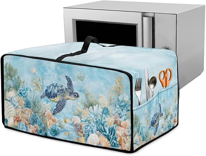 Air Fryer Toaster Oven Cover with Pockets, Dustproof Electrical Appliance Cover for Kitchen Countertop, L, 18.5 x 22.5 x 13 Inches, Sea Turtle Seashell Coral Reef Blue