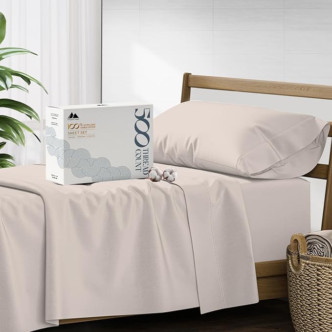 Mayfair Linen 500 Thread Count Twin XL Cotton Sheets - 3 PC Twin XL Size Bed Sheet Set Cotton (Taupe), Soft, Cooling, Sateen Hotel-Quality 16" Deep Pocket Bedsheet for Hot Sleepers (Fits 18" Mattress)