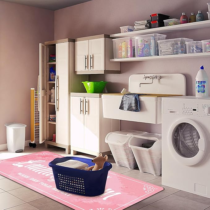Laundry Room Rug Non Slip Floor mats Farmhouse Large Laundry Rugs for Pink Laundry Runner Room Mat Washer and Dryer Carpet Laundry Room Decor 24x72inch(Pink)