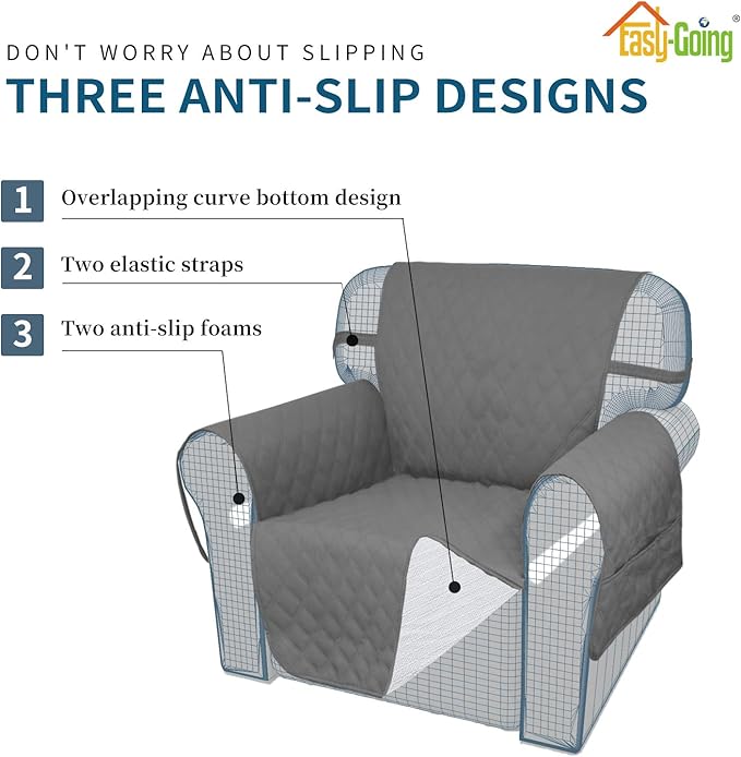 Easy-Going Sofa Slipcover Chair Cover Waterproof Couch Cover Washable Sofa Cover Non-Slip Fabric Furniture Protector with Pocket for Pets Covers Pets Kids Children Dog Cat (Chair, Grey,Small)