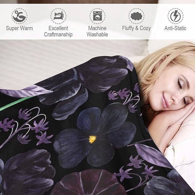 Gothic Floral Blanket, Vintage Abstract Black Purple Peony Flowers Mushroom Print Throw Blanket for Room Bedding Couch Decor Soft Lightweight Warm Cozy, 60"x80"